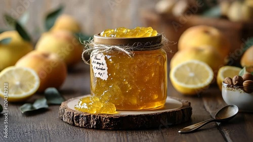 A jar of golden quince marmalade, decorated with a rustic twine bow.