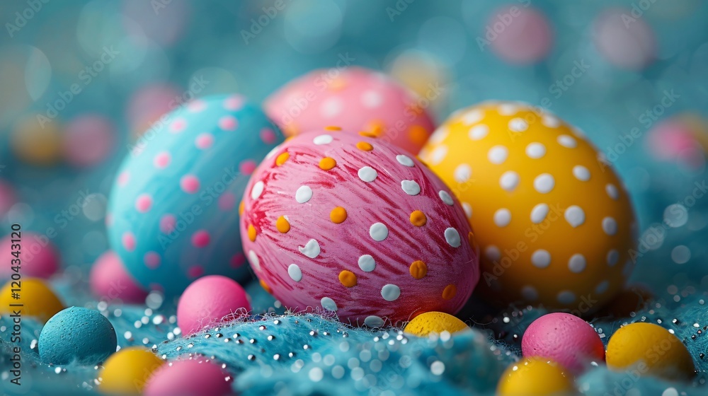 A close up of colorful easter eggs with poker dots on bluish wallpaper A close up of colorful easter eggs with poker dots on bluish wallpaper