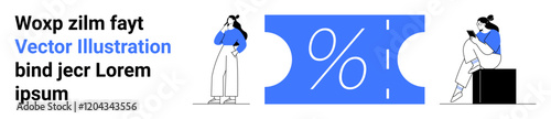 Two women in blue and white outfits stand and sit around a large blue percentage symbol. Ideal for e-commerce, promotions, discounts, advertising, marketing, sales, online shopping. Landing page