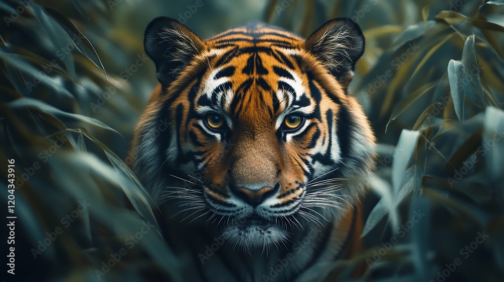 Fototapeta premium Tiger in jungle, staring intently. Wildlife conservation poster