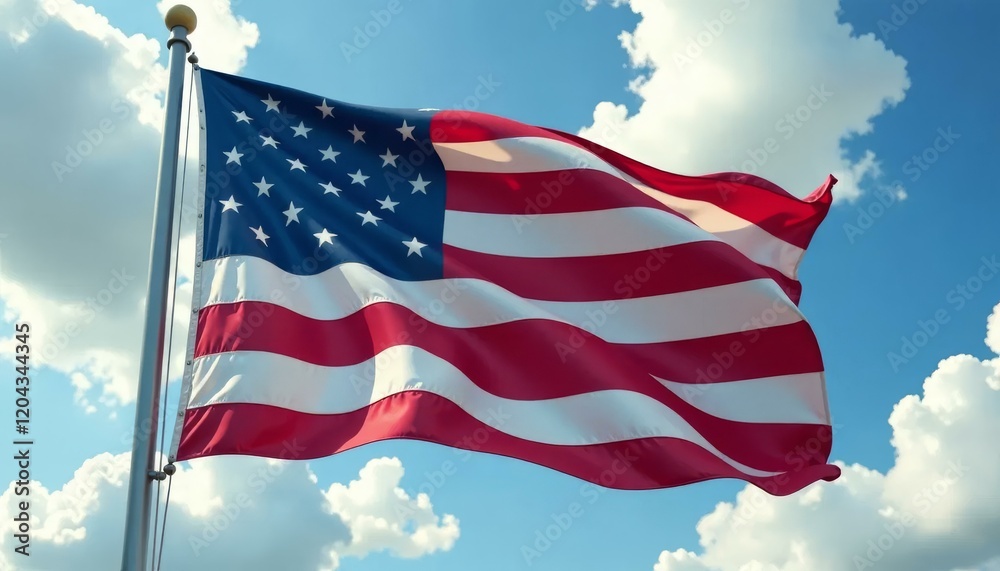Fototapeta premium American Flag Waving Proudly in a Cloudy Blue Sky
