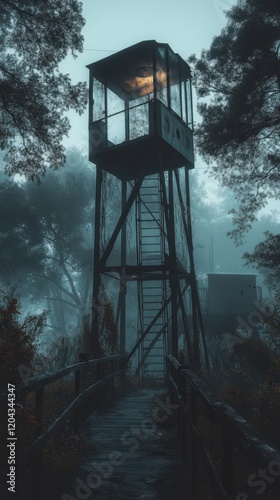 Mysterious foggy watchtower with glowing light	