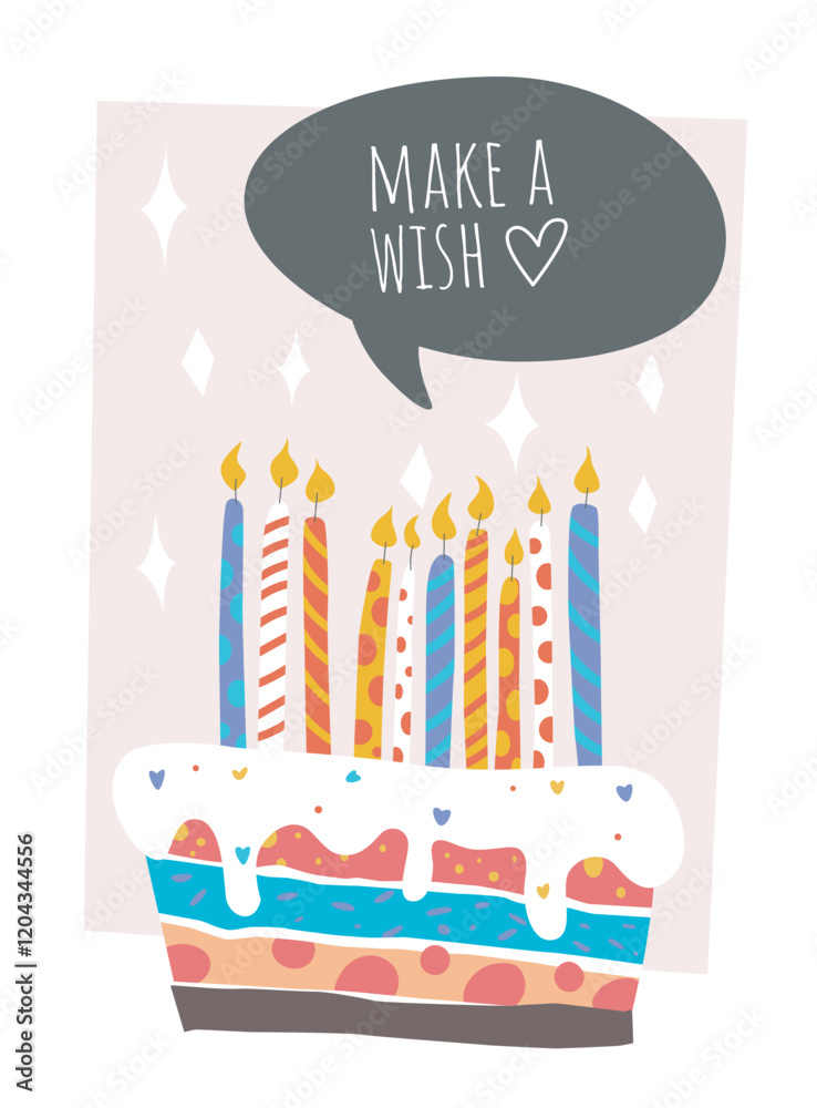 Bright birthday cake with colorful candles and dripping icing, with a Make a Wish speech bubble on a pastel background. Celebration and joy concept. Vector illustration
