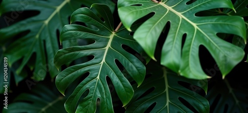 Closeup view of green tropical leaves. Deep dark green background highlights intricate leaf patterns. Natural beauty, vibrant colors. Abstract design for nature enthusiasts, design lovers. Suitable