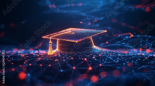 A digital graduation cap rests in a glowing network landscape, signifying the blend of traditional achievement and futuristic digital connections in learning and success.