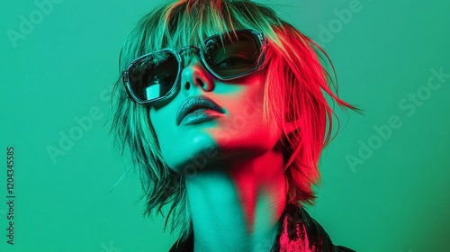 Bold Fashion Portrait of Woman with Neon Red and Green Lighting photo