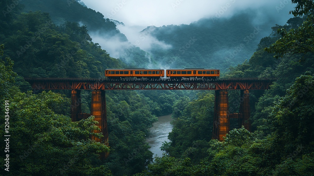 Fototapeta premium Train crossing misty valley bridge