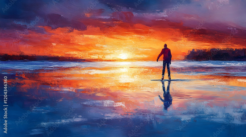 Frozen lake skater enjoying a vibrant winter sunset Frozen lake skater enjoying a vibrant winter sunset
