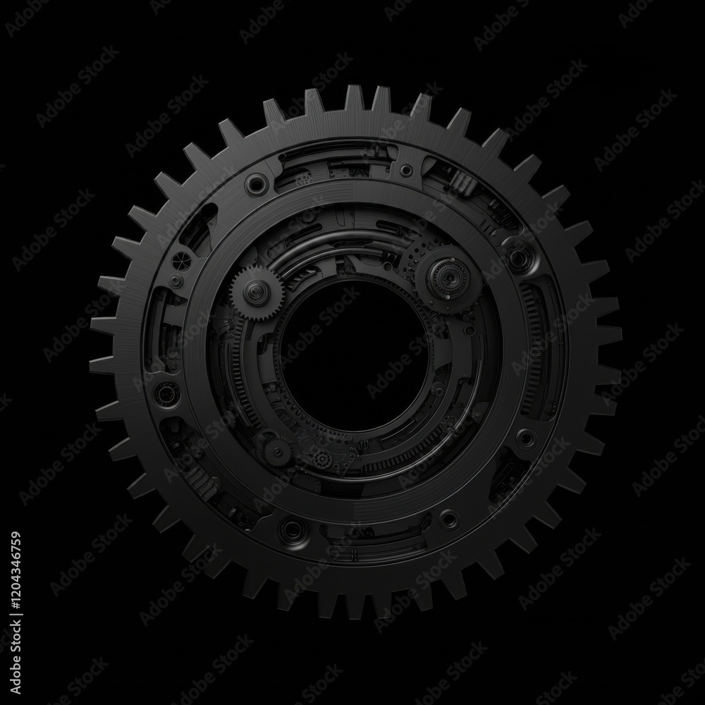 Dark industrial gear, high contrast black and white, circular mechanical component, intricate teeth pattern, shadows and highlights, metallic texture, close-up detail, steampunk aesthetic, monochromat Dark industrial gear, high contrast black and white, circular mechanical component, intricate teeth pattern, shadows and highlights, metallic texture, close-up detail, steampunk aesthetic, monochromat