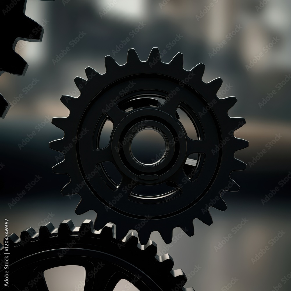 Dark industrial gear, high contrast black and white, circular mechanical component, intricate teeth pattern, shadows and highlights, metallic texture, close-up detail, steampunk aesthetic, monochromat Dark industrial gear, high contrast black and white, circular mechanical component, intricate teeth pattern, shadows and highlights, metallic texture, close-up detail, steampunk aesthetic, monochromat