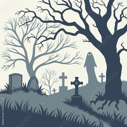 Haunted Graveyard with Ghost and Full Moon – Spooky Halloween Vector Illustration photo