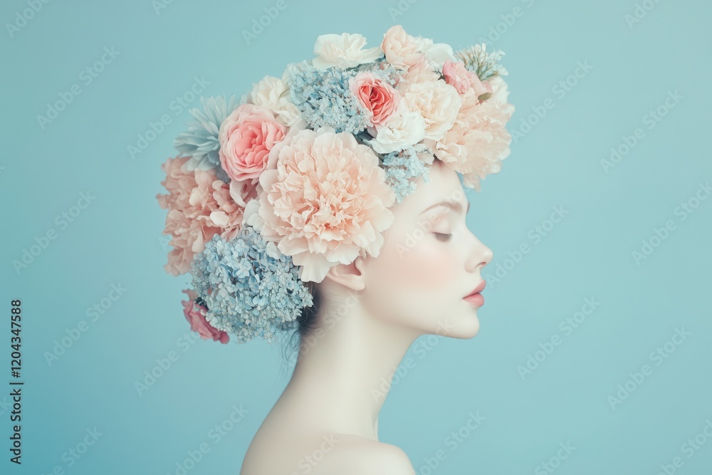 A side profile of a woman with a floral crown made of pink and blue flowers against a light blue background. A side profile of a woman with a floral crown made of pink and blue flowers against a light blue background.