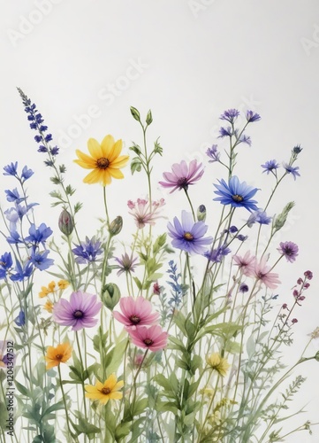 Tranquil watercolor wildflowers in various hues on a blank white surface, botanical artwork, lush, delicate petals