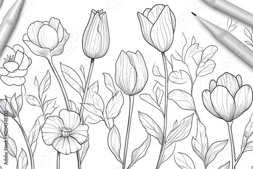Monochromatic Line Art Floral Sketch with Fine Liners