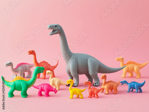 Colorful plastic toy dinosaurs on a pink background for childrenâ€™s play photo