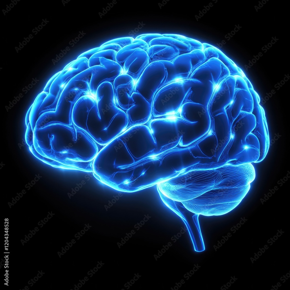 Glowing Blue Brain with Neural Pathways on Black Background Glowing Blue Brain with Neural Pathways on Black Background