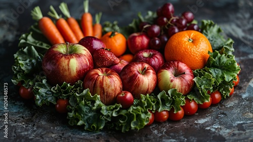 Heart shaped arrangement of fresh fruits and vegetables on a box  photo