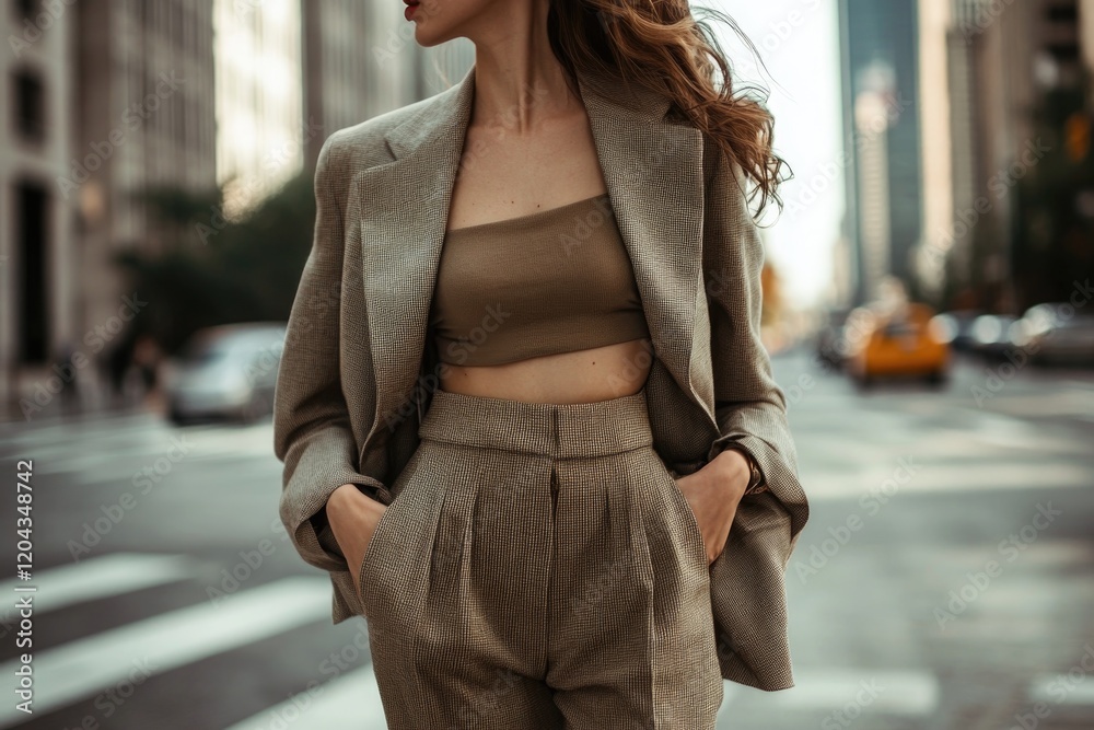 Fototapeta premium Stylish woman in chic outfit walks confidently through urban str