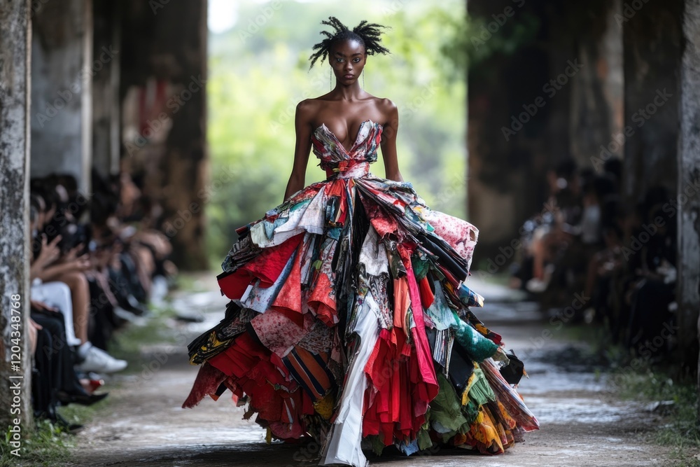 Striking fashion show featuring model in bold, colorful dress am Striking fashion show featuring model in bold, colorful dress am