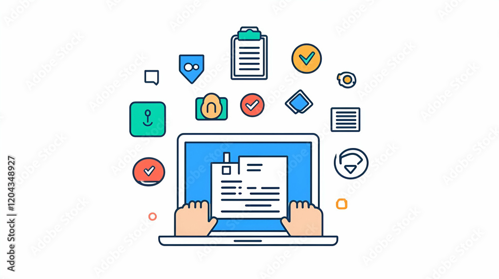 Focused individual engaged with a laptop, surrounded by an array of documents, embodying a productive work environment. Focused individual engaged with a laptop, surrounded by an array of documents, embodying a productive work environment.