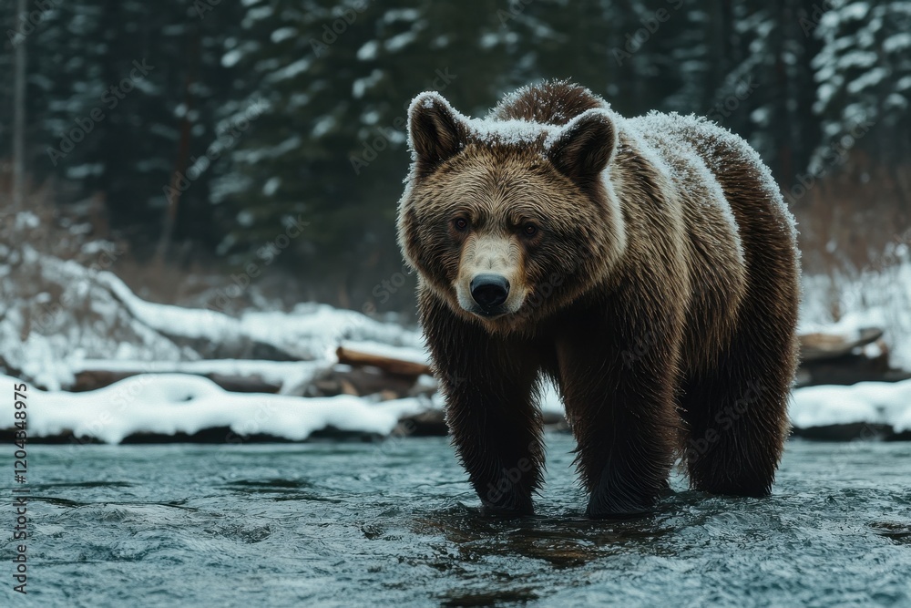 Majestic brown bear standing in a shallow river with a snowy forest background Majestic brown bear standing in a shallow river with a snowy forest background
