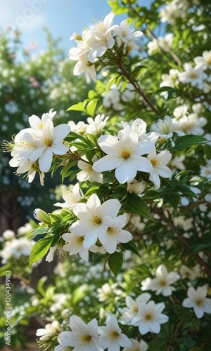 Vibrant white flowers on bush with sweet nectar, healthy, plantation, leaves, shrub