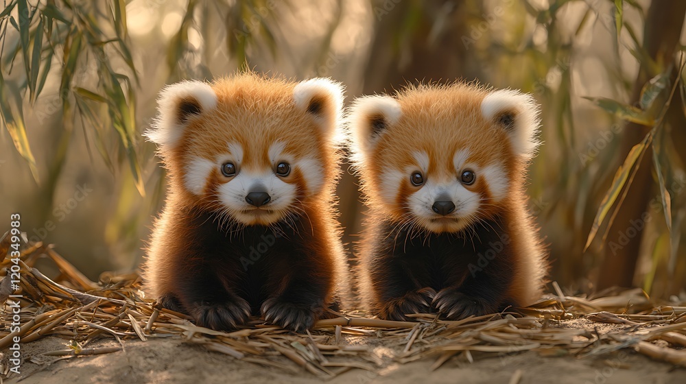 Obraz premium Two red panda cubs in bamboo forest