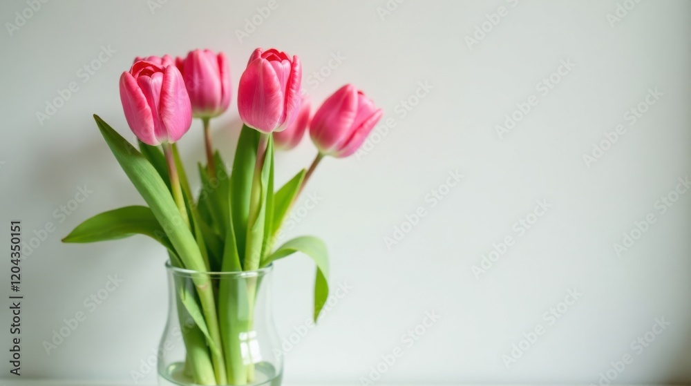 A Delicate Bouquet of Pink Tulips in a Clear Glass Vase Against a Simple White Background A Delicate Bouquet of Pink Tulips in a Clear Glass Vase Against a Simple White Background