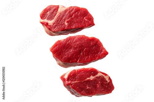 Closeup pork tenderloin steak showcasing marbled texture isolated on white background, emphasizing freshness and quality.