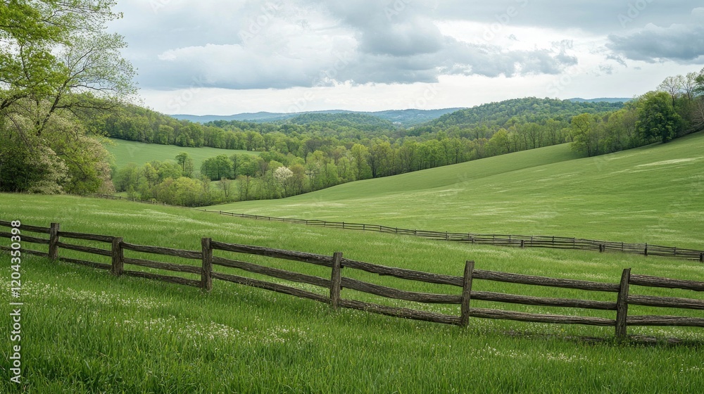Lush green hills stretch under cloudy sky, framed by rustic wood Lush green hills stretch under cloudy sky, framed by rustic wood
