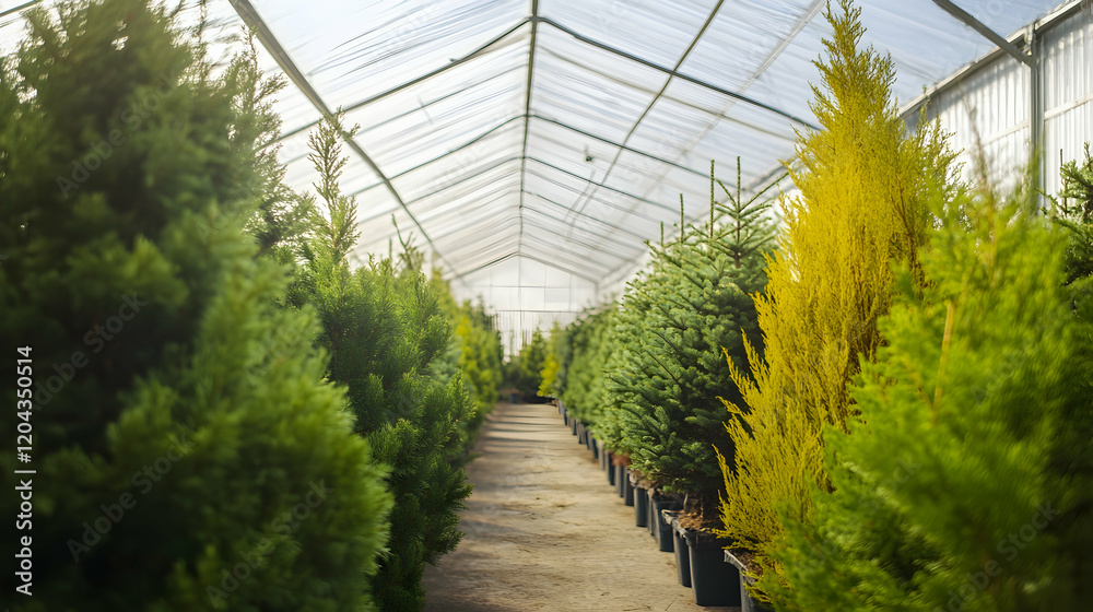 Greenhouse filled with vibrant conifer trees ready for the season Greenhouse filled with vibrant conifer trees ready for the season