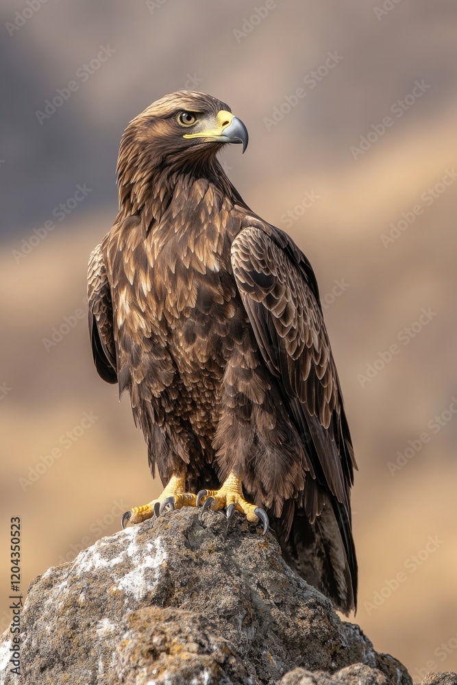 Powerful eagle with a yellow beak and sharp talons on a rocky perch Powerful eagle with a yellow beak and sharp talons on a rocky perch