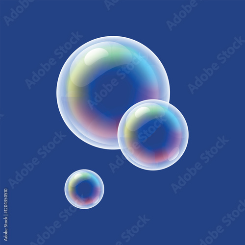 Bright rainbow soap bubbles isolated on blue background close up