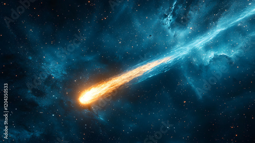 A glowing comet streaking across a field of distant stars, with its icy tail illuminating the cosmos, during a rare celestial event