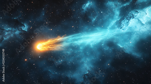 A glowing comet streaking across a field of distant stars, with its icy tail illuminating the cosmos, during a rare celestial event