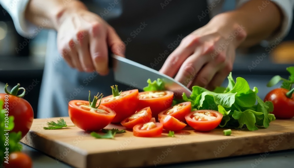 Chef slicing fresh tomatoes, cooking healthy food, meal prep_ Chef slicing fresh tomatoes, cooking healthy food, meal prep_