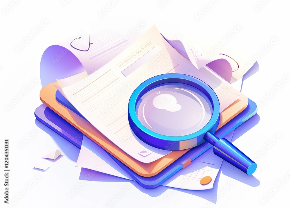 3D icon of cute clipboard with magnifying glass, purple and blue color palette 3D icon of cute clipboard with magnifying glass, purple and blue color palette
