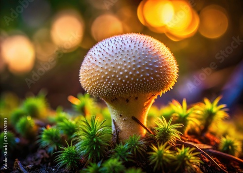 Spore-releasing Lycoperdon saccatum glows mysteriously in the night, a captivating fungal subject. photo