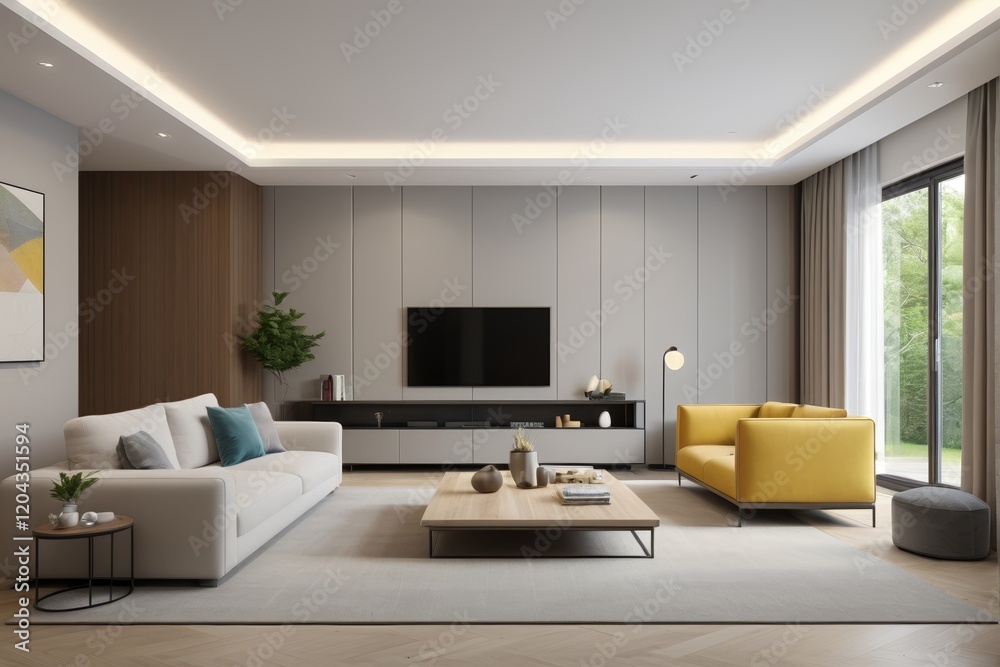 Fototapeta premium arafed living room with a couch, chair, coffee table and television