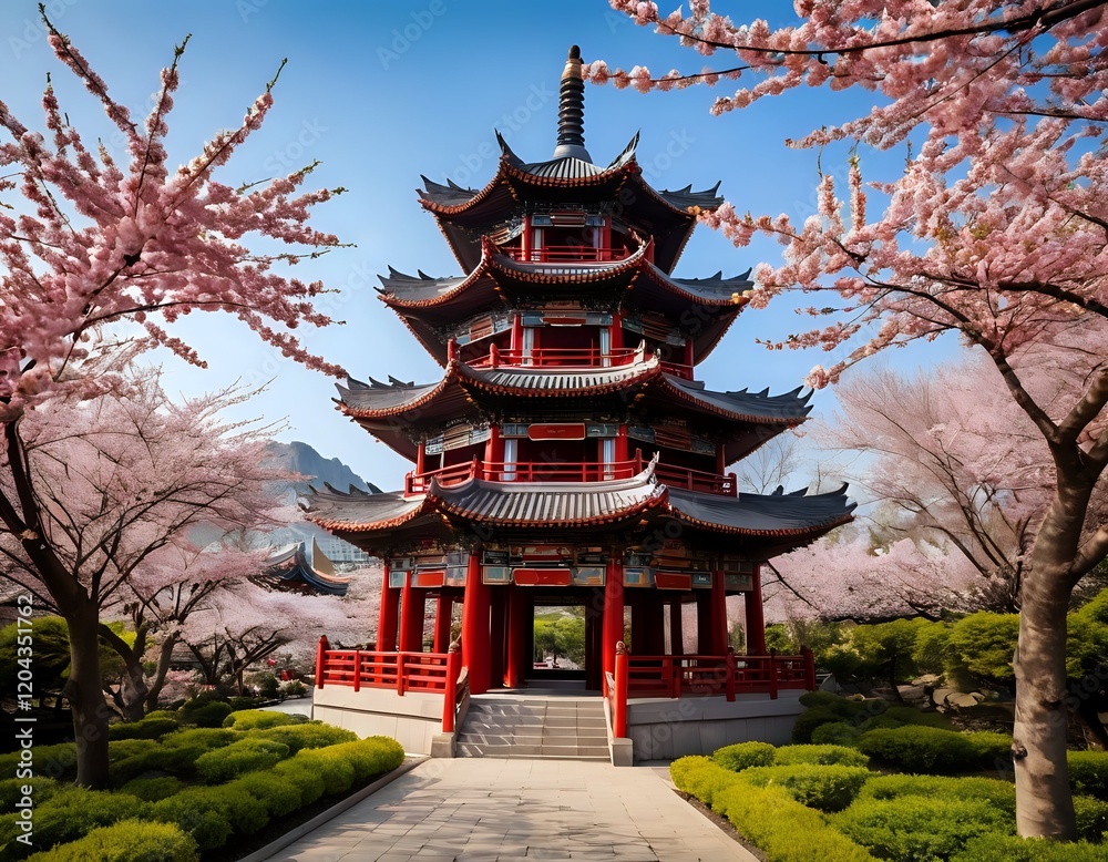 Serene Pagoda Amidst Blooming Cherry Blossoms: A Peaceful Asian Landscape Serene Pagoda Amidst Blooming Cherry Blossoms: A Peaceful Asian Landscape