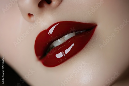 Glossy red lips shine with allure, emphasizing beauty and confid photo