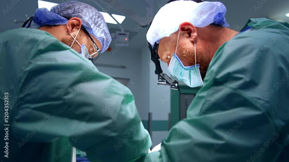 Two bearded surgeons so-work at operation. Doctors in protective glasses perform surgery in modern hospital. Two bearded surgeons so-work at operation. Doctors in protective glasses perform surgery in modern hospital.