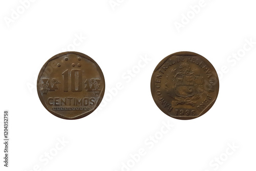 10 Centimos 1996 With Braille. Peru coin. Coin 10 Centimos 1996 Obverse and Reverse on White Background photo