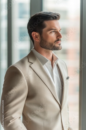 Stylish man in elegant suit gazes thoughtfully through large win