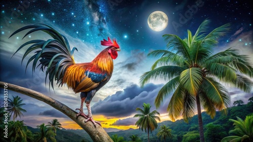 Wallpaper Mural Stunning Kauai night: palm tree, wild rooster, Hawaiian park, stars ablaze â€“ breathtaking scene. Torontodigital.ca