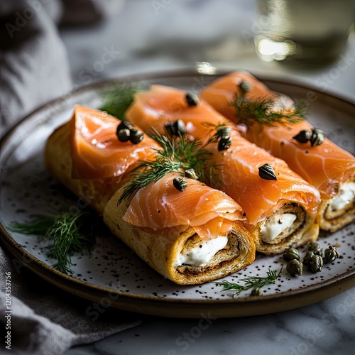 Savory rolled pancakes filled with cream cheese and smoked salmo photo