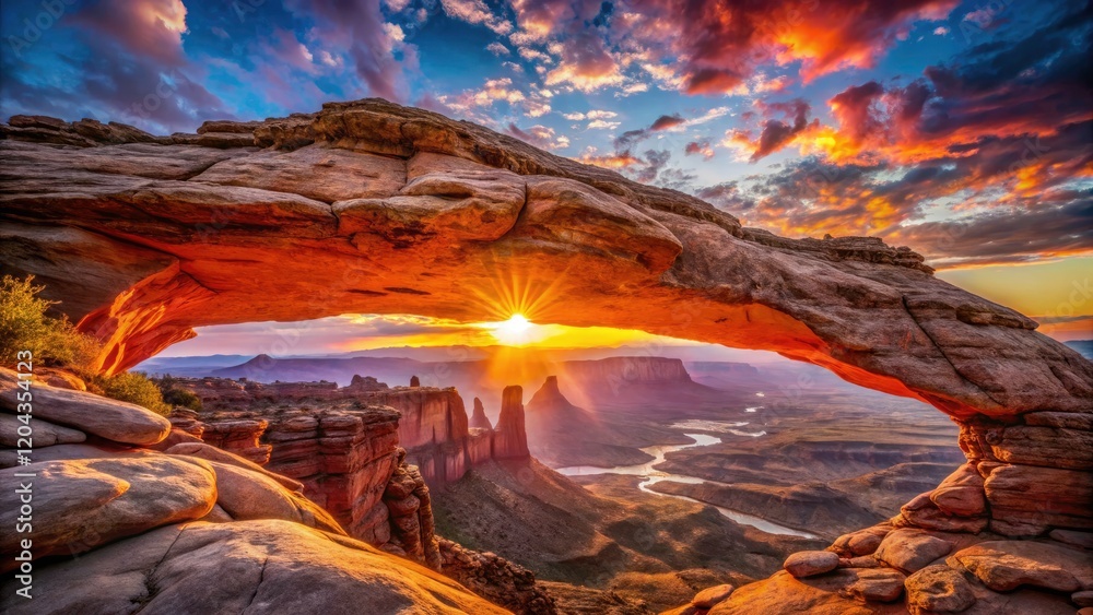 Fototapeta premium Stunning sunrise paints Canyonlands' Mesa Arch in fiery hues, a desert vista photographer's dream.
