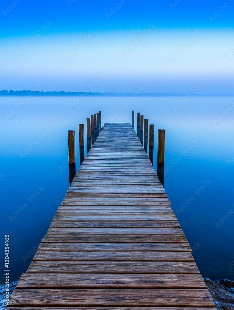 Fototapeta premium Minimalist Winter Sunrise Fog Over Lake Dock - Serene winter sunrise, fog shrouds a tranquil lake, wooden dock extends invitingly, symbolizing peace, solitude, mystery, journey, and hope.