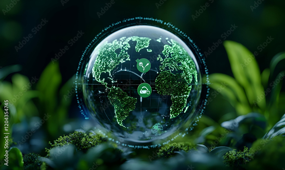 Transparent globe showcasing sustainability icons, symbolizing global environmental awareness and commitment to eco-friendly practices Transparent globe showcasing sustainability icons, symbolizing global environmental awareness and commitment to eco-friendly practices