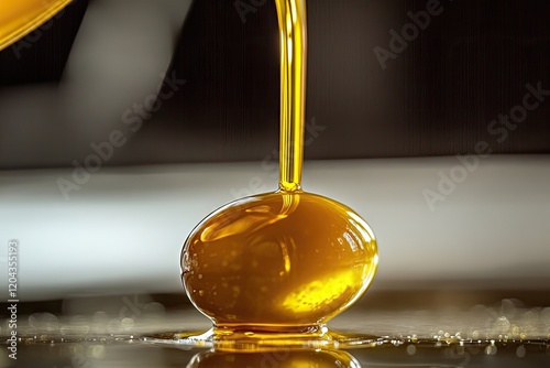 Golden liquid drips gracefully, creating smooth, glossy surface photo